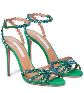 Sandálias de couro Tequila de luxo para o verão Aquazzus Strappy Enfeite com cristais salto alto Lady Sexy Gladiator Sandalias festa casamento nupcial UE35-43