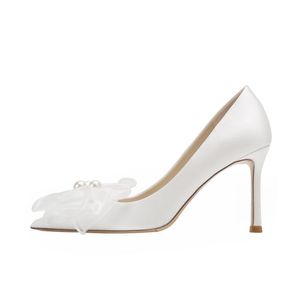 2021 Nya Bow Wedding Bridal Shoes Women Stiletto med spetsig tå