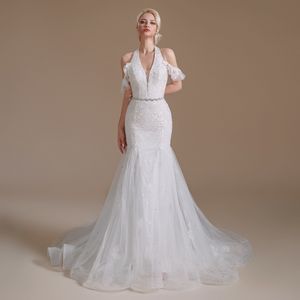 Einfaches Röhrenoberkleid-Design, weißes, langes, süßes Spitze-Meerjungfrau-Hochzeitsfest-Brautkleid YS00064