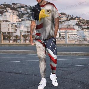 Erkek Eşofman Erkek Yaz Erkek Eşofman Amerikan Bayrağı Baskı T-Shirt Pantolon Set Rahat Şık Takım Elbise Streetwear Günlük Kıyafet