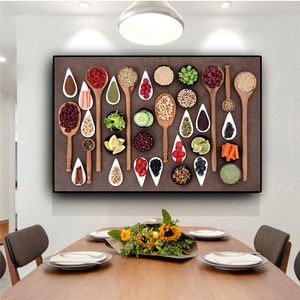 Canvas Painting Fruit Vegetables Grains Spices Spoon Kitchen Cooking Cuadros Posters and Print Wall Art Food Picture Living Room