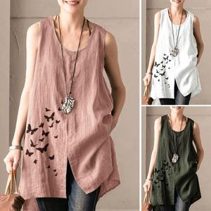 Damenblusen, Damenhemden, lässige Oberteile, Sommer-Schmetterlings-Tanks, Damen-Vintage-ärmellose Bluse, bedruckt, hoch niedrig, Blusas weiblich