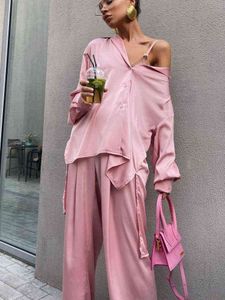 Женские спортивные костюмы Bornladies 2022 Women 2 Piece Set Pink Satin Elegant Loak Dlock Top Top High Isaula Casual Wind Brants Cust T220827 T220830