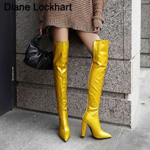 أحذية صفراء صفراء مثيرة مرآة مرآة الفخذ الكعوب عالية الكعب فوق الركبة للحصول على نقطة صنم الحذاء الطويل الحذاء 220901