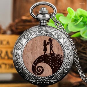 Pocket Watches Série de Halloween Gravada Decorativa de madeira retro Relógio de colar preto cinza Relógio Vintage Unisex