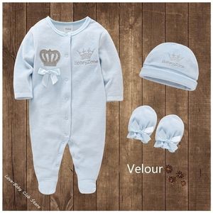 Zestawy odzieży Baby Boys Rompers Royal Crown Prince z rękawicami czapki niemowlę urodzoną dziewczynę Onepieces Footies Ogólna piżama velor 220830