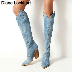 Boots Blue White Faux Leather Women Knee High Found Toe Long Stunky Block Heel Western Western Cowboy 220901