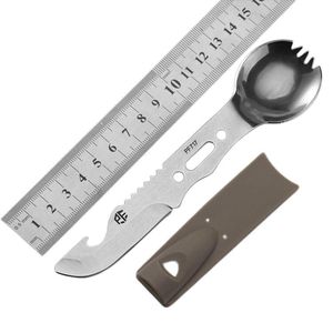 knife Multifunctional Tactical outdoor cookout Survival kit spoon bottle opener whistle harpoon fork rope hole mirror finish stainless steel Blade length 5.8cm 39g