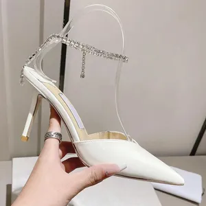 2022 Newest Designer Sandals Pointed Toes rhinestone ankle strap 8.5CM high heels Patent Leather Black Nude White Women Shoes Pumps party Dress shoes with Box Sz 35-42