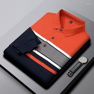 Polo da uomo Camicia da uomo in cotone mercerizzato di fascia alta 2022 T-shirt a maniche lunghe con risvolto a righe color autunno Top casual di qualità