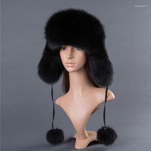 Berets Real Fur Genuine Cap Natural Waterproof Cloth Top Skin Of Women Bomber Hats Russia Warm Snow Style Headwear With Ear Flaps