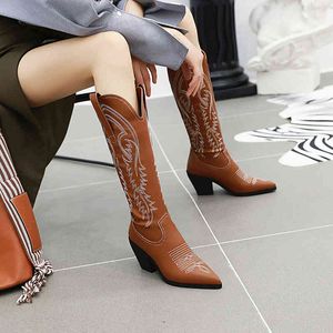 Botlar retro kadınlar diz yüksek deri sürüş ortaçağ batı cowgirl boot sonbahar kış sivri uçlu ayak parmağı Kazaklar 220901