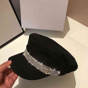 Braça Boina Foot Fashion Diamante Visor Militar Hat de Autumn Inverno Vintage Caspo de algodão boina para mulheres Inglaterra Estilo Plat Cap T220829