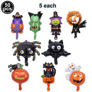 Decorazione del partito 50pcs Mini Halloween Foil Balloons Strega Fantasma Gufo Mago Zucca Ragno Mostro Albero Palloncino Decori 220901