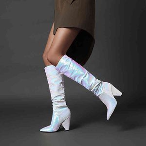 Boots Slouch Wrinkle Women Colorful Pointed Toe Thick Heels Folds Woman Fashion Bling Leather Knee High Winter Shoes 220901