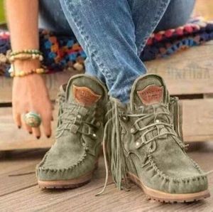 2021 Ankle Boots Women Shoes Ladies Round Toe Booties Roman Flat Bottom With Lace-Up Fringed Female Winter Boots Woman