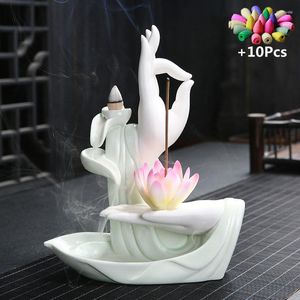 Fragrance Lamps White Ceramic Incense Censer Buddha Hand Backflow Burner Lotus Stick Holder Buddhist Supplies Zen Decor W Gift 10Cones