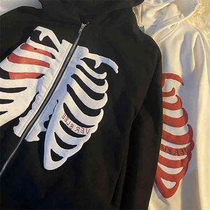 Luvtröjor herr Y2K Harajuku koreansk stil Loose Skeleton Zip Up Hoodie Goth Grunge Långärmad Huvjacka Retro Sweatshirt 0901H