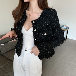 Womens Jackets Small Fragrance Women Tweed Outerwear Autumn Winter Single Breasted Tassel Blends Wool Female Long Sleeve Jacket Coat 220901