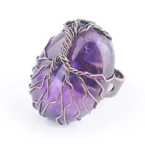 Natural Stone Amethysts Bead Antique Rings for Women Finger Jewelry Wire Wrapped Tree of Life Adjustable Ring X3053