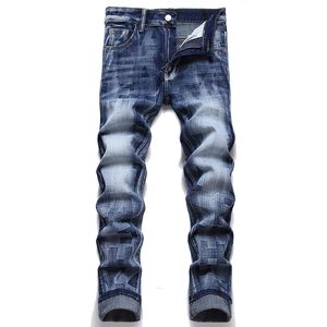 Spring Autumn Men's Printed Blue Jeans Fashion Casual Skinny Stretch Denim Trousers Grinding White Male Pants Pantalones