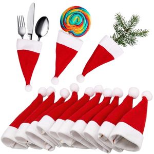 Juldekorationer 104st Jul Santa Hat Tabell Provises Holwer Christmas Silverware Candy Wine Bottle Home Kitchen Table Decoration 220901