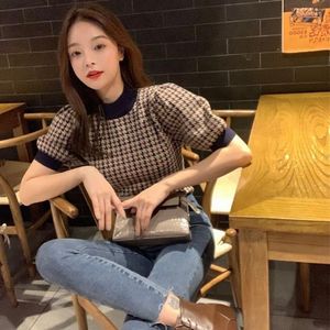 Kadın Sweaters Kadın Boyun Kadın Sakilleri Harajuku Hit Renk Patchwork Ekose Vintage Tatlı Sueter Mujer Koreli Kısa