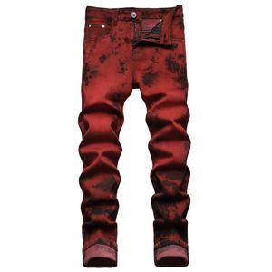 Mens Skinny Jeans Stretch Tie Dye Red Street Fashion Personality Designer Jean Casual Pencil Pants