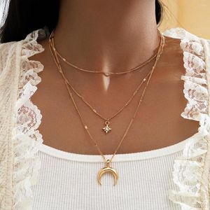 Chains Vintage Multilayer Crystal Pendant Necklace Women Bohemia Gold Color Moon Star Horn Crescent Choker Necklaces Jewelry 2022