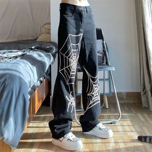 Kvinnors jeans y2k emo män casual harajuku svart alt spindel web hip hop gothic fairy grunge raka breda ben byxor streetwear kläder 220902