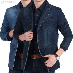 Erkek Suit Blazers Erkek Denim Blazer Erkek Moda Pamuklu Vintage Suit Giyim Erkek Mavi Ceket Denim Ceket Erkekler İnce Fit kot Pantolonlar L220902