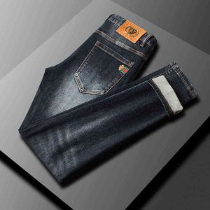 Brand Fashion 2022 Men's Jeans Are Elastic Slim High-end Mid Waist Dark Blue Autumn Thick Simple Comfortable
