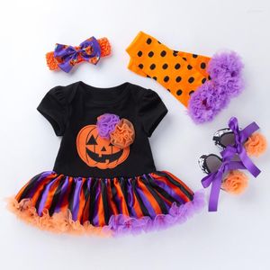 Kleidungssets Geborenes Kleinkind-Baby-Kleidungsset mit 4 Stück Mein erstes Halloween-Mädchen Strampler Kürbis Spitzenkleid Party Karnevalskostüm