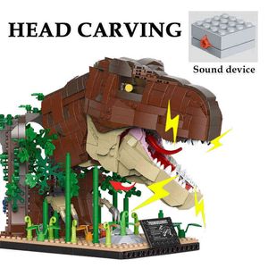 Block Blocks Jurassic Dinosaur World Tyrannosaurus Rex Head Carving Model Building Blocks Goth Beast Dino Park Figurer med Sound Bricks Toys T220901