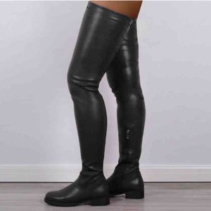 Stövlar 2021 Låga klackar Röda svarta kvinnor Lår höga stretch casual skor Autumn Winter Pu Leather Over The Knee Female 220901