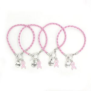 Nuovo arrivo Corda in pelle PU Nastro rosa Braccialetto con ciondoli Credi Fede Speranza Cancro al seno Bracciali Braccialetti Per le donne Consapevolezza Gioielli Pulsera