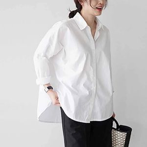 Autumn Korean Chic Style Cotton White Shirt Office Lady Basic Solid Blue Women Loose Side Split Casual Long Sleeve Tops