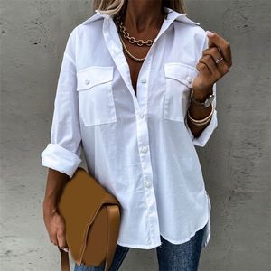 Kadınlar bluz gömlekleri kadınlar bahar beyaz siyah gevşek büyük boyutlu bayan uzun kollu gömlek iki cep artı boyutu en iyi gündelik dönüş yakalı 220902