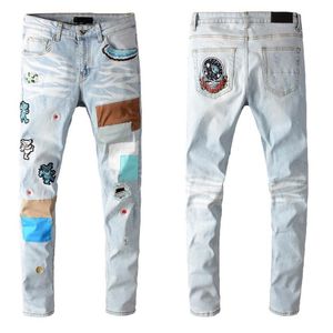 Kırpılmış Sıska Kot Beyaz toptan satış-Moda Erkek Pantolon Slim Retro Skinny Jean Modern Tasarımcı Yırtık Erkek Hip Hop Açık Beyaz Denim Jean254r