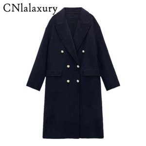 Piumino da donna CNlalaxury Autunno Donna Cappotto di lana double face blu scuro Maniche lunghe Cappotto alla moda doppio petto Top tinta unita femminile T220902