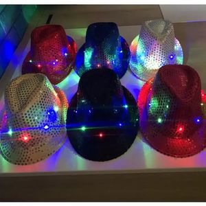 LED -jazzfesthattar blinkar upp LED -fedora trilby paljetter kepsar fancy kl￤nning dans unisex hip hop lampa lysande hatt 902