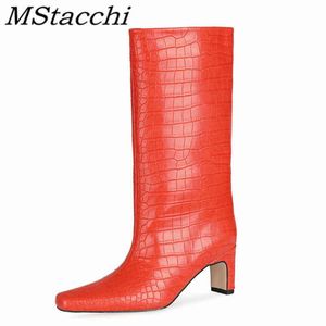 Boots Mstapchi Orange Square Toe Woman Crocodile Print Heel Leather Outdoor Shoes Spring Autumn Knee Length Ladies 220901