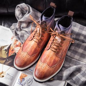 Bullock Ankle Boots Men Shoes British Multicolor PU Engraved Round Toe Lace Fashion Casual Street Everyday AD118