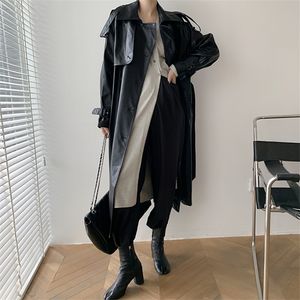 Women's Trench Coats Korea Runway Designer Fall Autumn leather Maxi Long Coat With Belt Chic Female Windbreaker Classic 220902