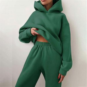 여자의 두 조각 바지 여자 tracksuit 세트 단색 긴 소매 스포츠 정장 가을 겨울 따뜻한 후드 스웨터와 조깅 바지 양털 두 조각 세트 220902