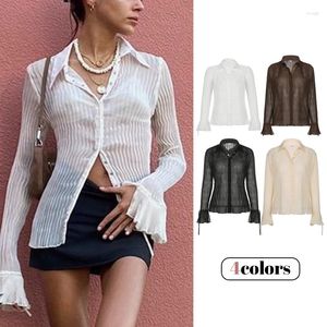 Women's Blouses Vintage White Folds Cute Shirts Women Elegant Fashion Flared Sleeve Button Tops See Through Sexy Girl Tees