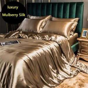 Sängkläder sätter Mulberry Silk Luxury Bedding Sheet Set med monterad highend 100% Satin Housse Couette Soft Slooth Solid Color Quilts Cover 220901