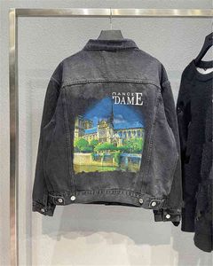 Giacche da uomo da uomo per Ins fw autunno inverno indietro Castle print denim lavato indossato biker varsity coat punk casual