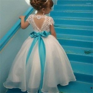 Girl Dresses Elegant Flower Dress Lace Applique Sleeveless Beaded Belt Tulle Princess Formal Pageant First Holy Communion Party