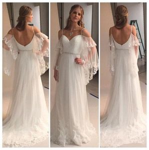 Abiti da sposa Boho Abito da sposa Senza spalline con avvolgente Applicazione in pizzo Cristalli Sweep Train A Line Custom Made Plus Size Vestido De Novia